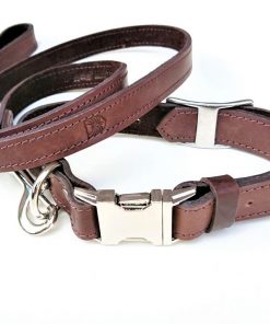 Handcrafted Premium Soft Leather Dog Collar & Lead Set Dark brown